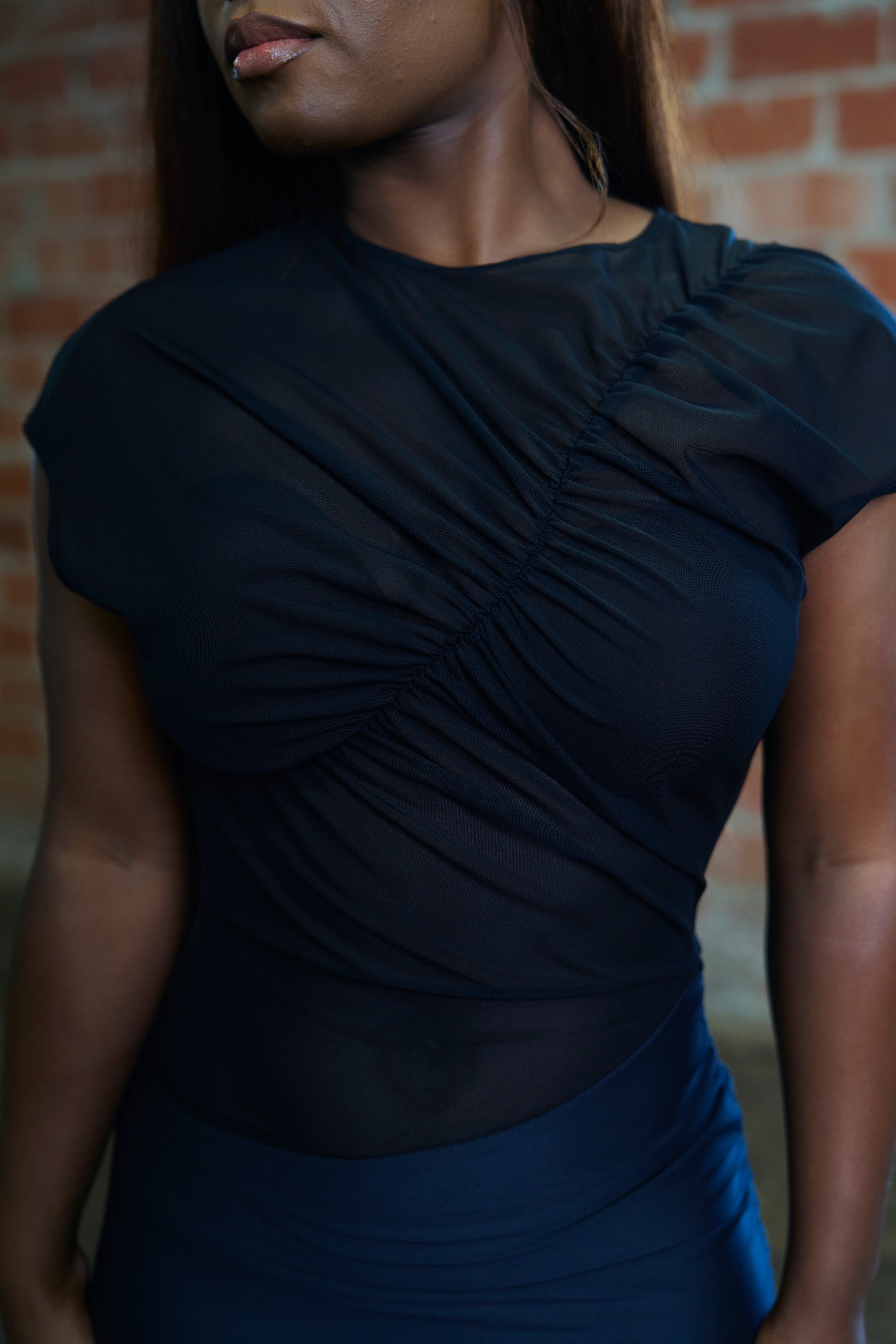Ruched Midi Dress with Side Drawstring L / Black